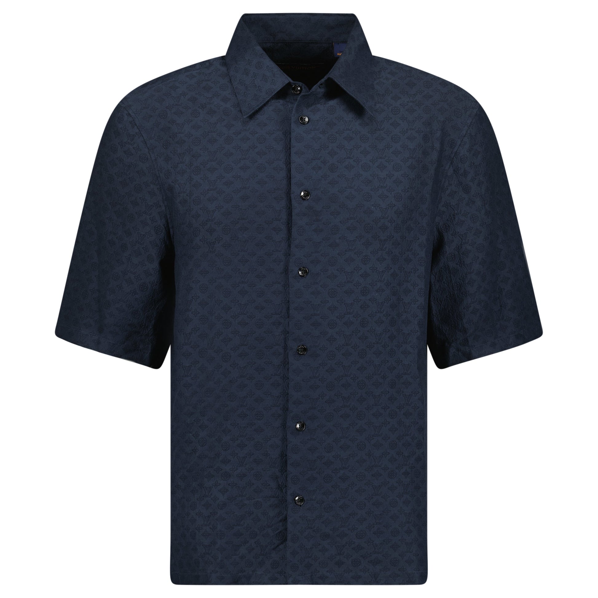 LOUIS VUITTON NAVY MONOGRAM SILK SHIRT - SMALL (Fits Medium) - Affluent ArchivesUsed HIGH END DESIGNER CLOTHING