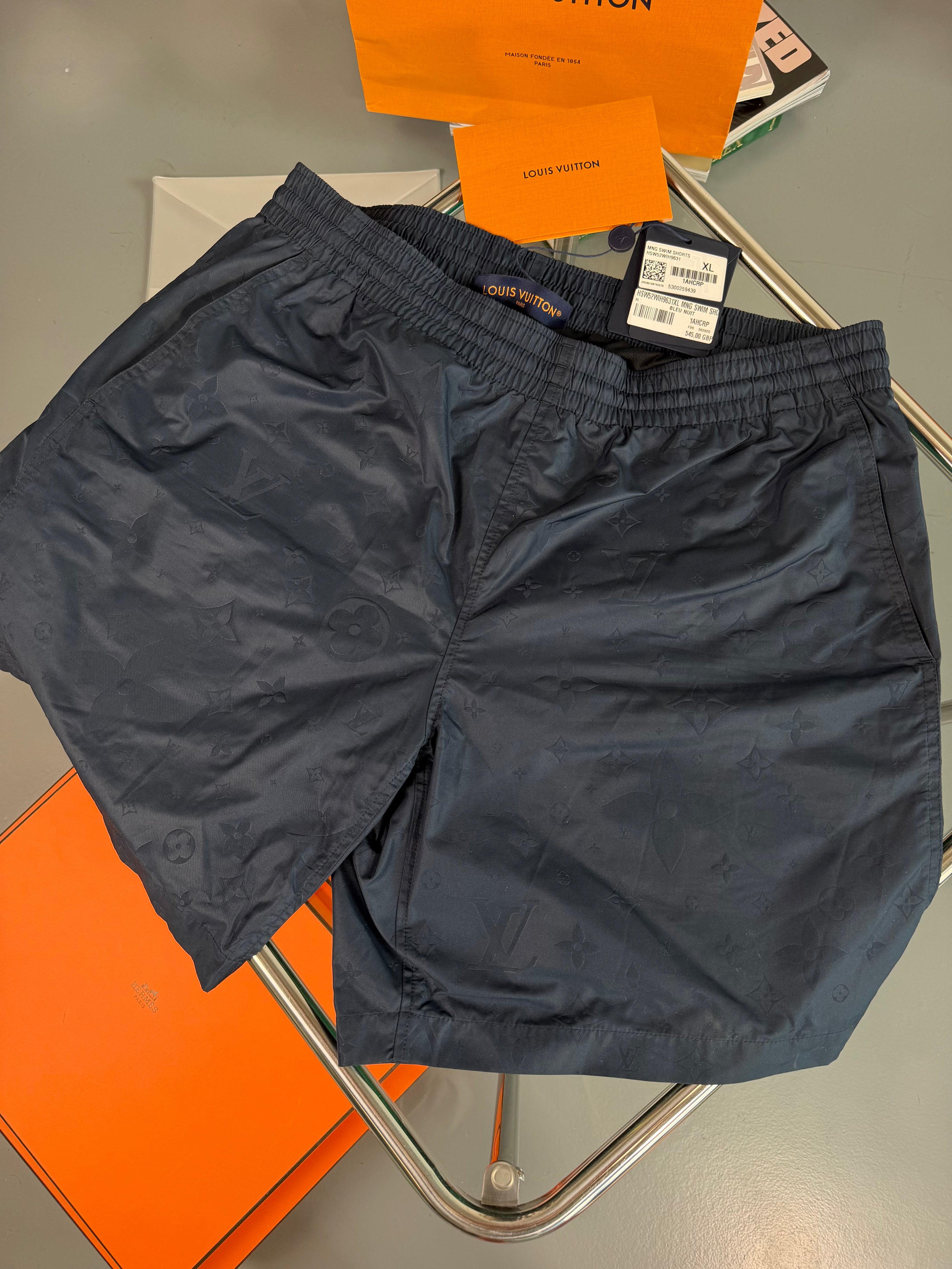 LOUIS VUITTON NAVY MONOGRAM SWIM SHORTS - XL | NEW WITH TAGS - Affluent ArchivesUsed HIGH END DESIGNER CLOTHING