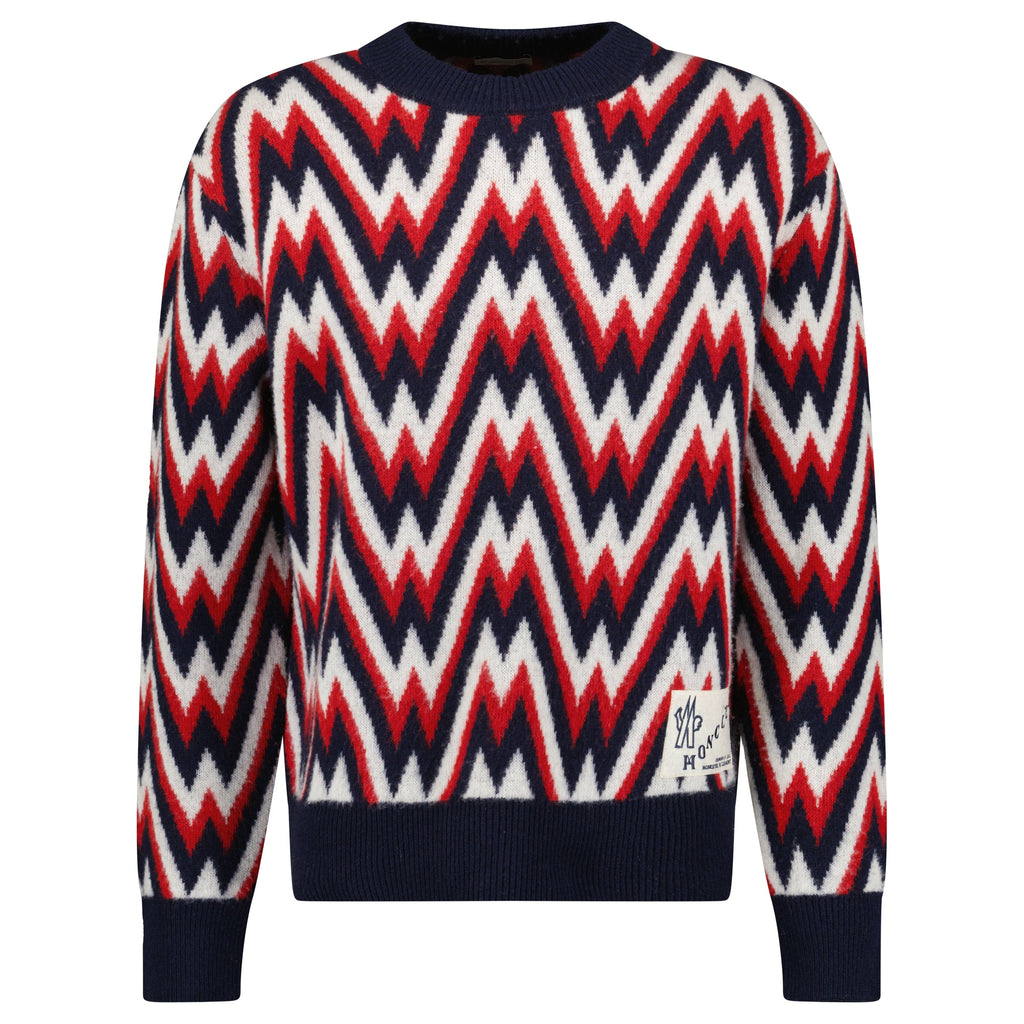 MONCLER BLUE / RED ZIG ZAG KNITTED SWEATSHIRT - XL (Fits M) - Affluent ArchivesUsed HIGH END DESIGNER CLOTHING