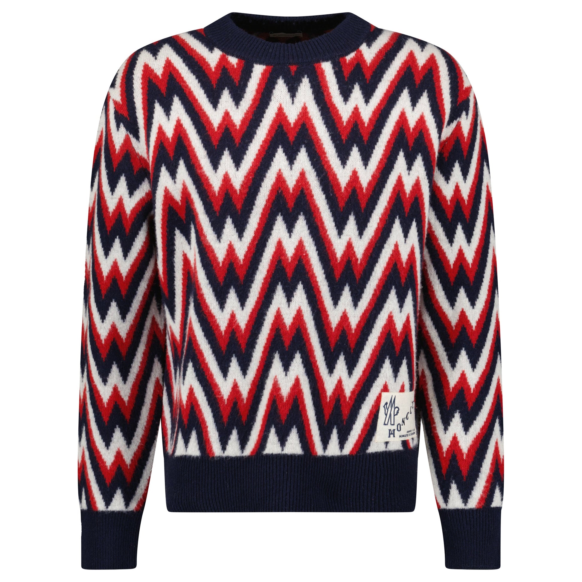 MONCLER BLUE / RED ZIG ZAG KNITTED SWEATSHIRT - XL (Fits M) - Affluent ArchivesUsed HIGH END DESIGNER CLOTHING