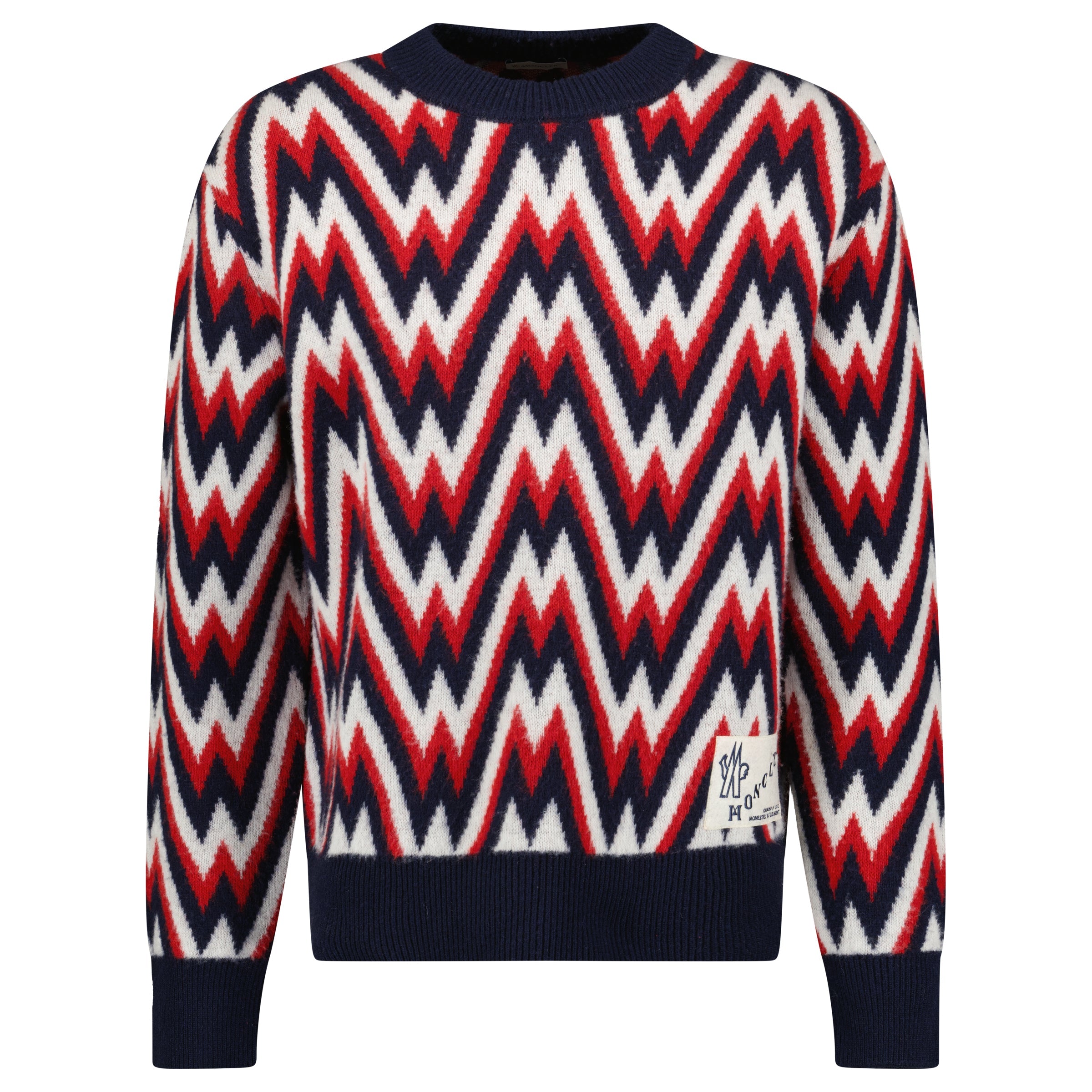 MONCLER BLUE / RED ZIG ZAG KNITTED SWEATSHIRT - XL (Fits M) - Affluent ArchivesUsed HIGH END DESIGNER CLOTHING