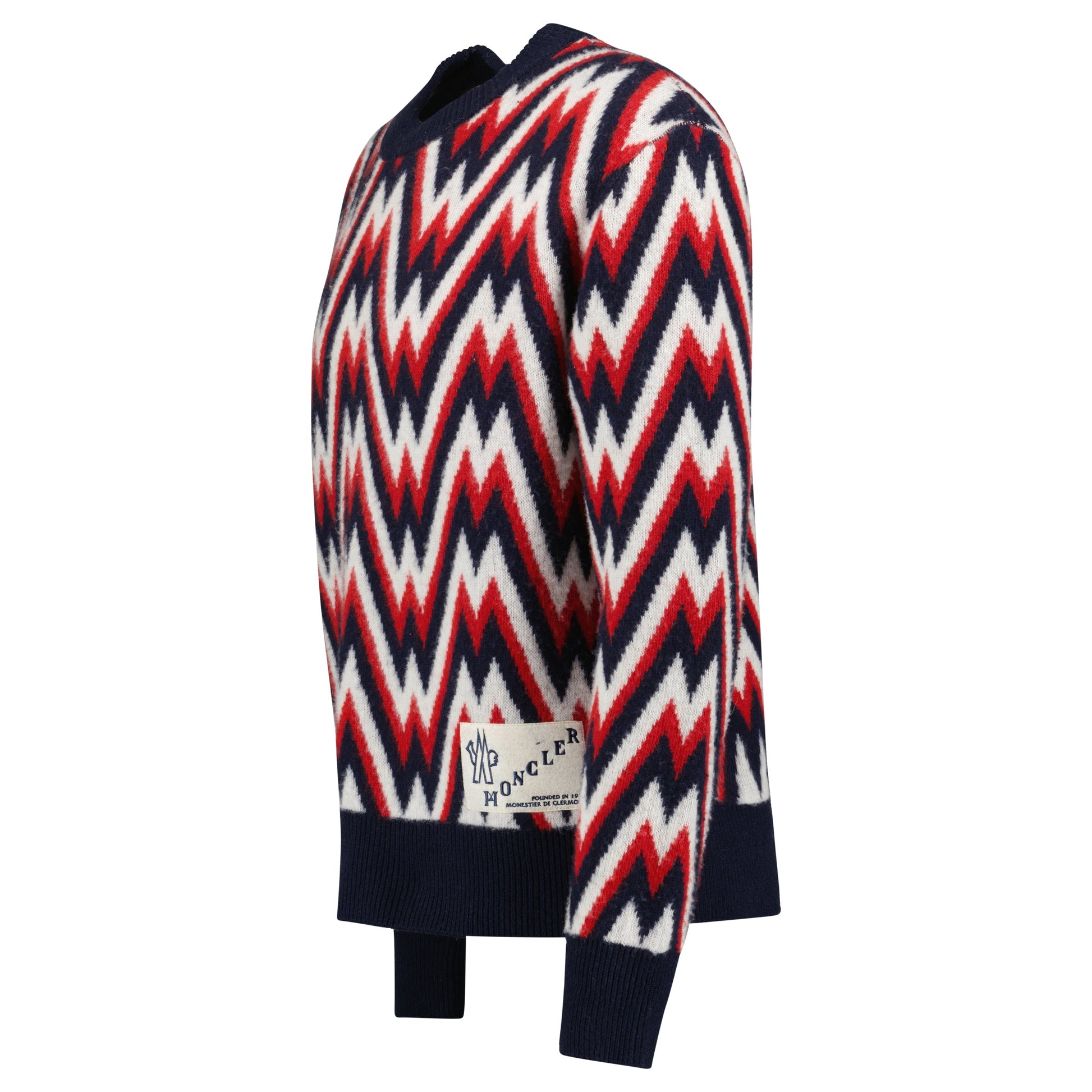 MONCLER BLUE / RED ZIG ZAG KNITTED SWEATSHIRT - XL (Fits M) - Affluent ArchivesUsed HIGH END DESIGNER CLOTHING