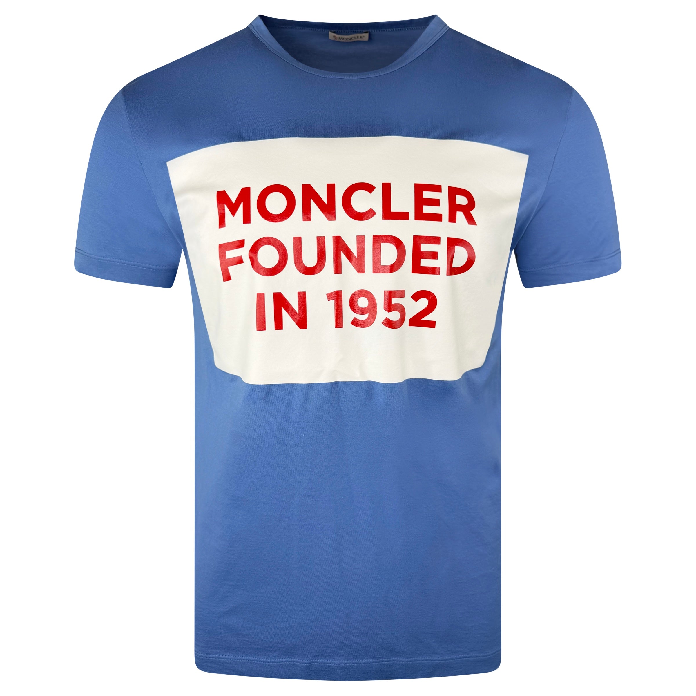 MONCLER LIGHT BLUE BADGE T SHIRT - LARGE (Fits Medium) - Affluent ArchivesUsed HIGH END DESIGNER CLOTHING