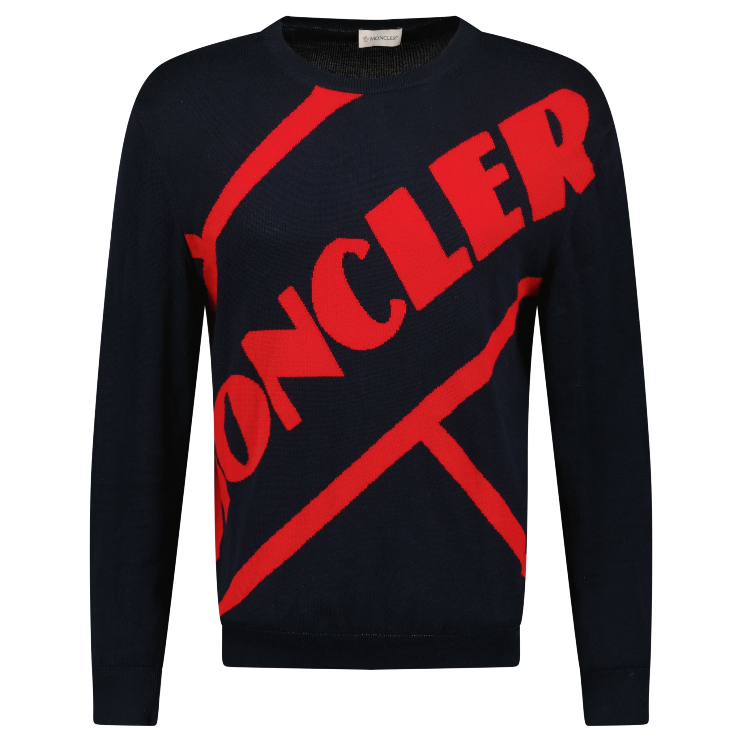 MONCLER NAVY / RED KNITTED CREWNECK SWEATSHIRT - XL - Affluent ArchivesUsed HIGH END DESIGNER CLOTHING