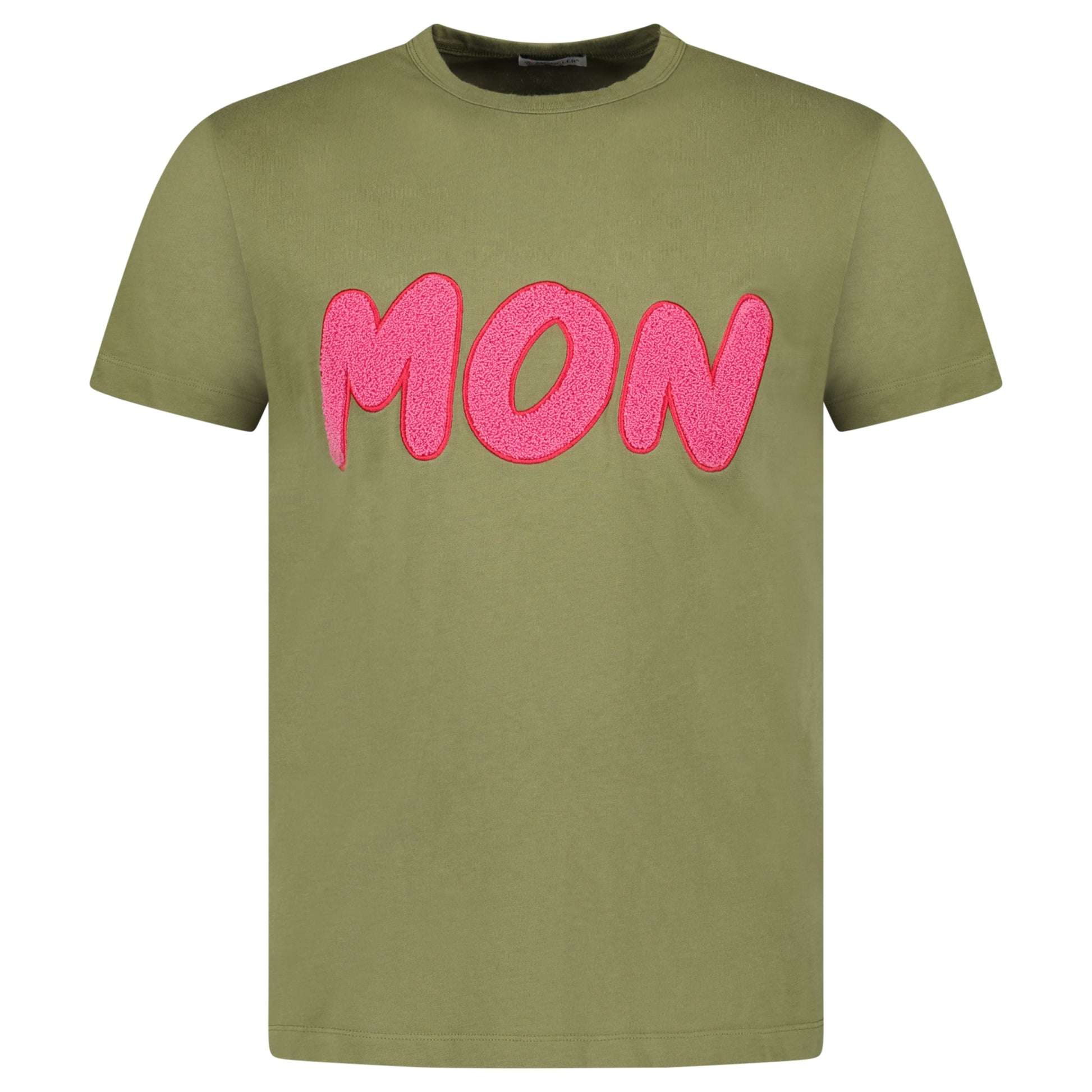 MONCLER T SHIRT KHAKI / PINK LOGO T SHIRT - LARGE (Fits M) - Affluent ArchivesUsed HIGH END DESIGNER CLOTHING