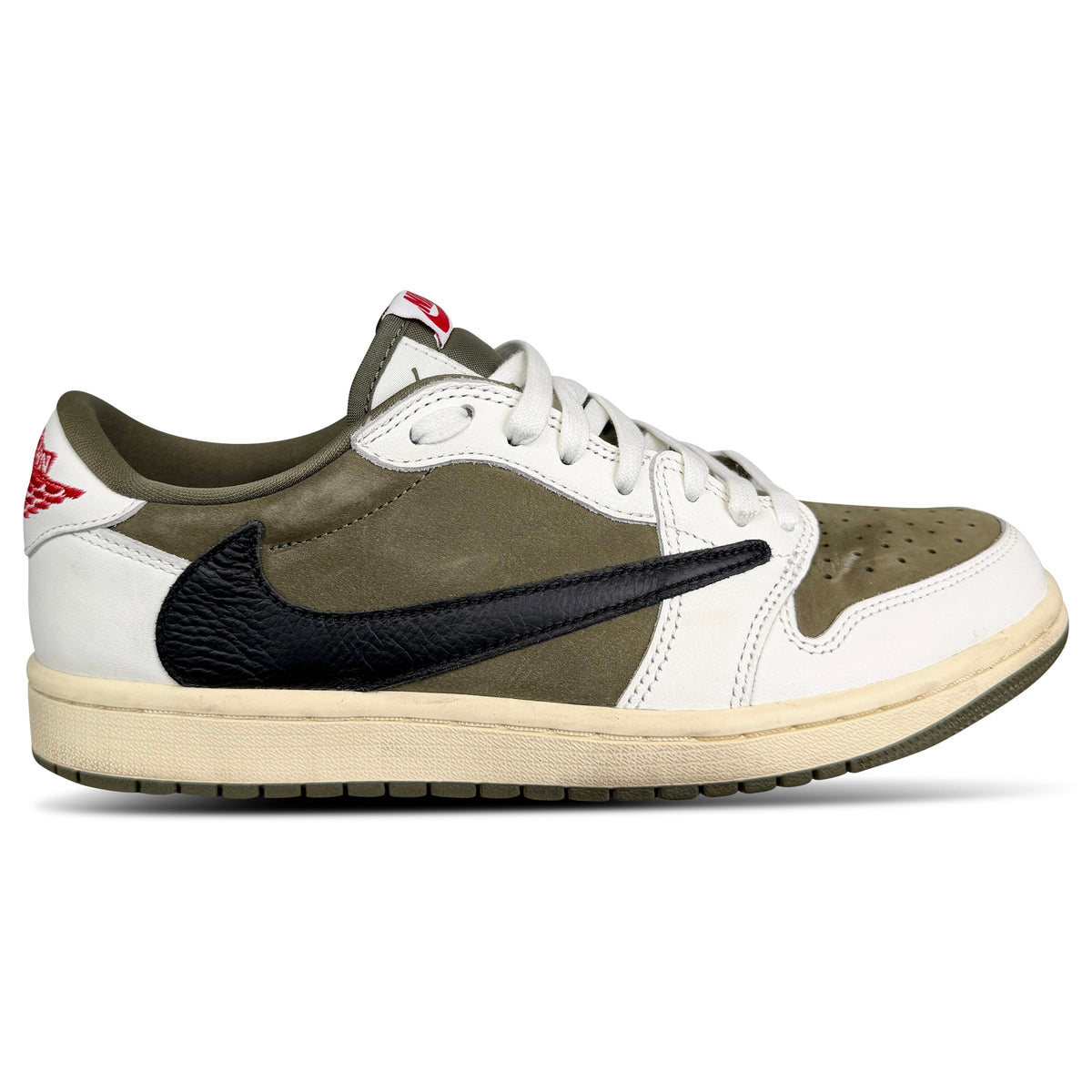 NIKE TRAVIS SCOTT X AIR JORDAN 1 LOW MEDIUM OLIVE TRAINER - UK 7.5 | PRE OWNED - Affluent ArchivesUsed HIGH END DESIGNER CLOTHING