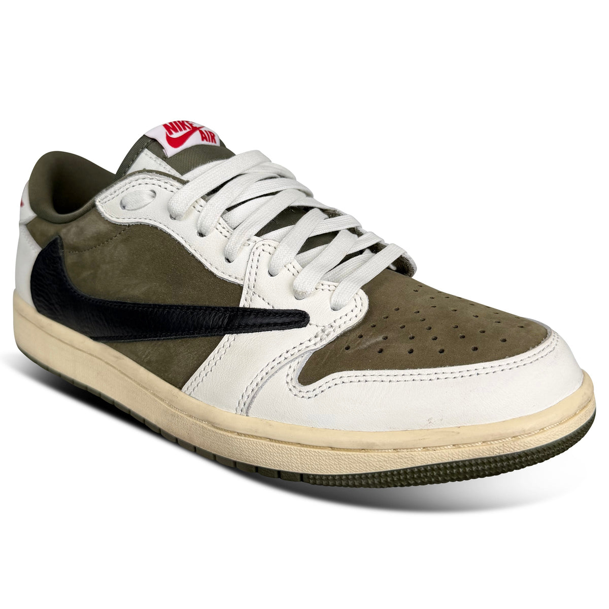NIKE TRAVIS SCOTT X AIR JORDAN 1 LOW MEDIUM OLIVE TRAINER - UK 7.5 | PRE OWNED - Affluent ArchivesUsed HIGH END DESIGNER CLOTHING