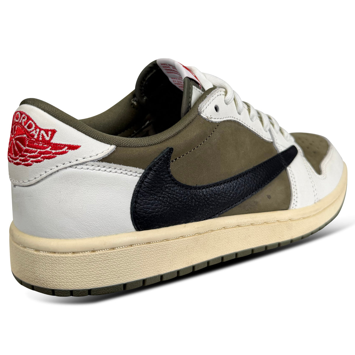 NIKE TRAVIS SCOTT X AIR JORDAN 1 LOW MEDIUM OLIVE TRAINER - UK 7.5 | PRE OWNED - Affluent ArchivesUsed HIGH END DESIGNER CLOTHING