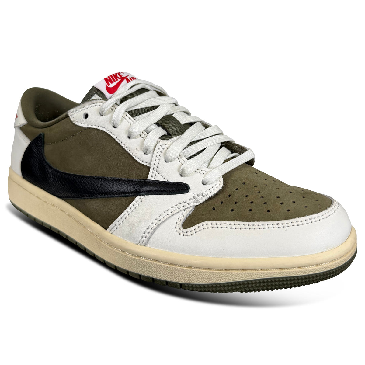 NIKE TRAVIS SCOTT X AIR JORDAN 1 LOW MEDIUM OLIVE TRAINER - UK 7.5 | PRE OWNED - Affluent ArchivesUsed HIGH END DESIGNER CLOTHING