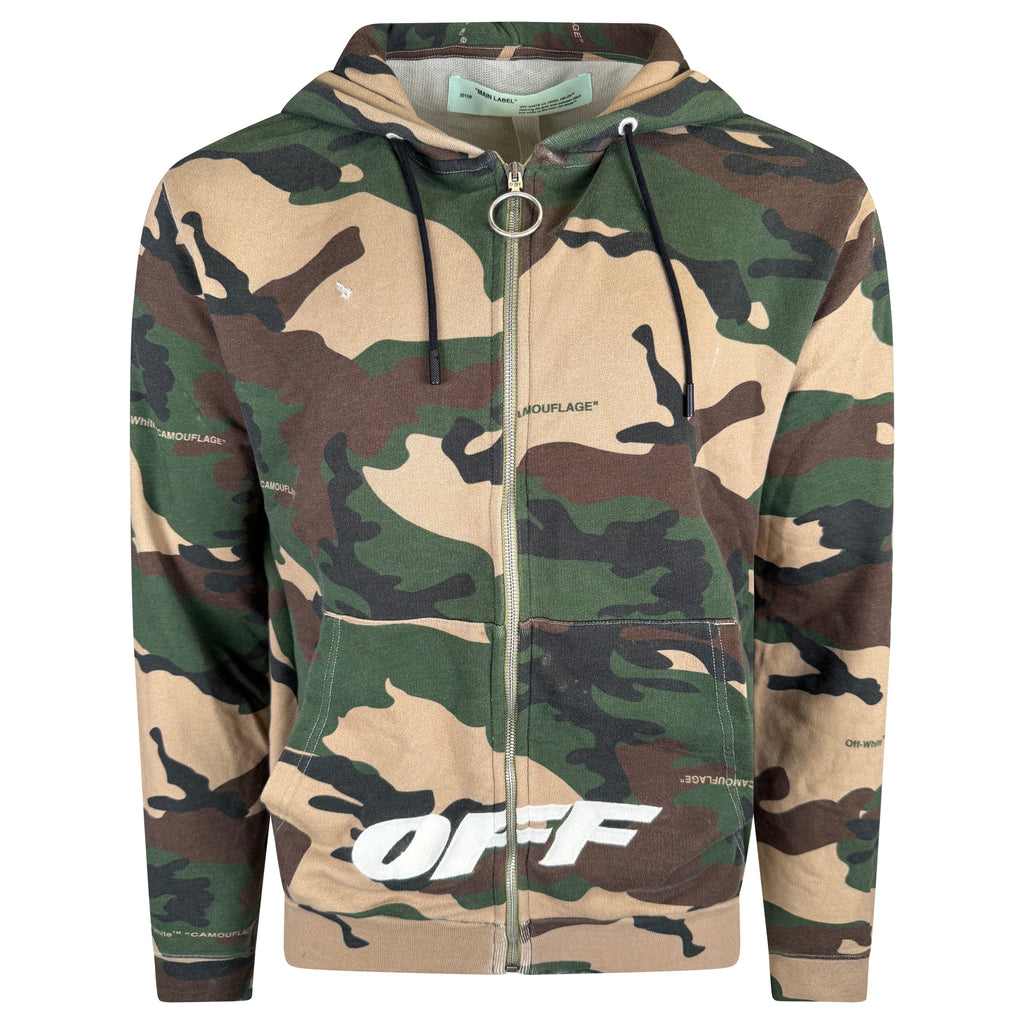 OFF WHITE KHAKI CAMO ZIP HOODIE - LARGE - Affluent ArchivesUsed HIGH END DESIGNER CLOTHING