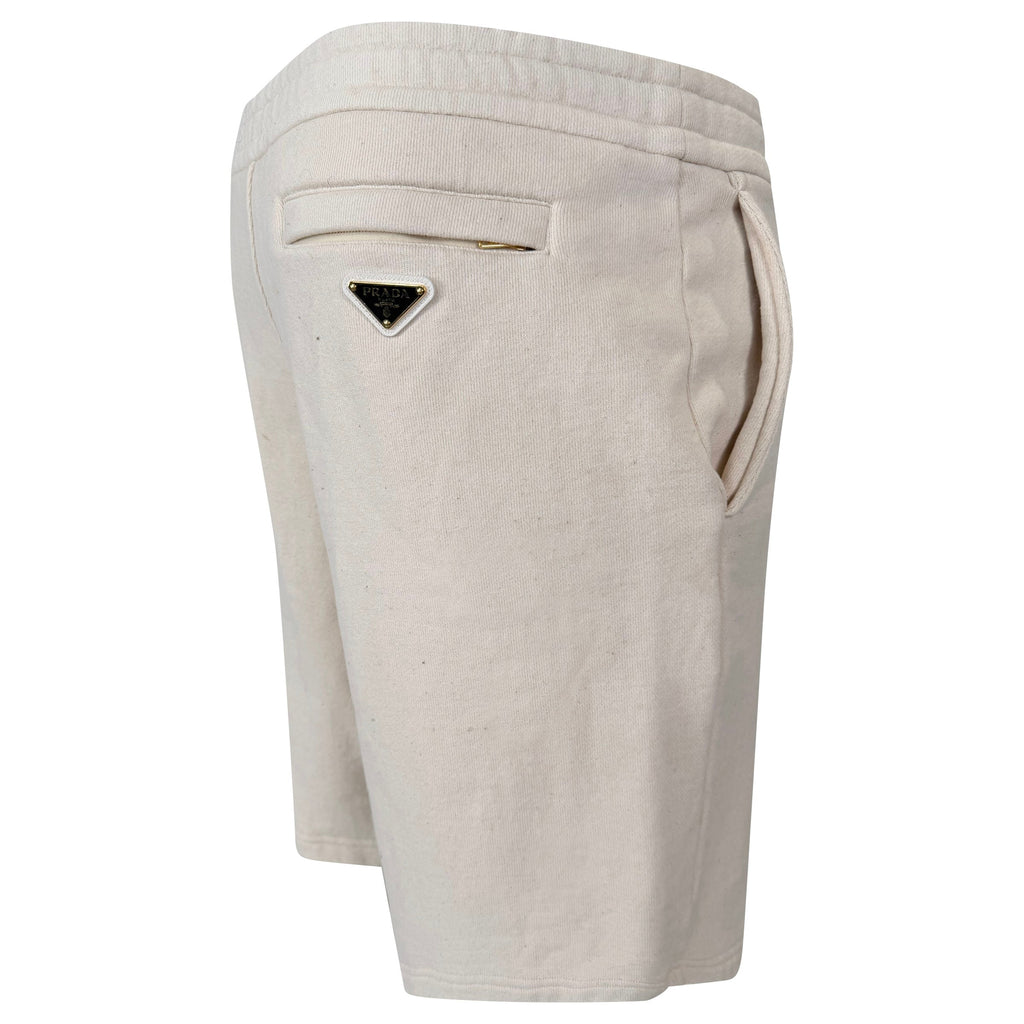 PRADA BEIGE PLAQUE TRACK SHORTS - MEDIUM (Fit Large) - Affluent ArchivesUsed HIGH END DESIGNER CLOTHING