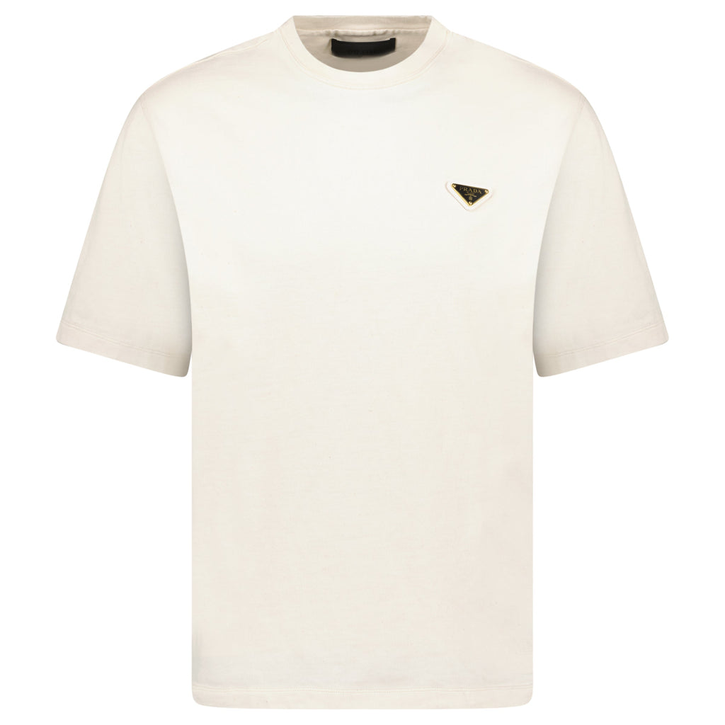 PRADA BEIGE TRIANGLE PLAQUE T SHIRT - SMALL (Fits M) - Affluent ArchivesUsed HIGH END DESIGNER CLOTHING