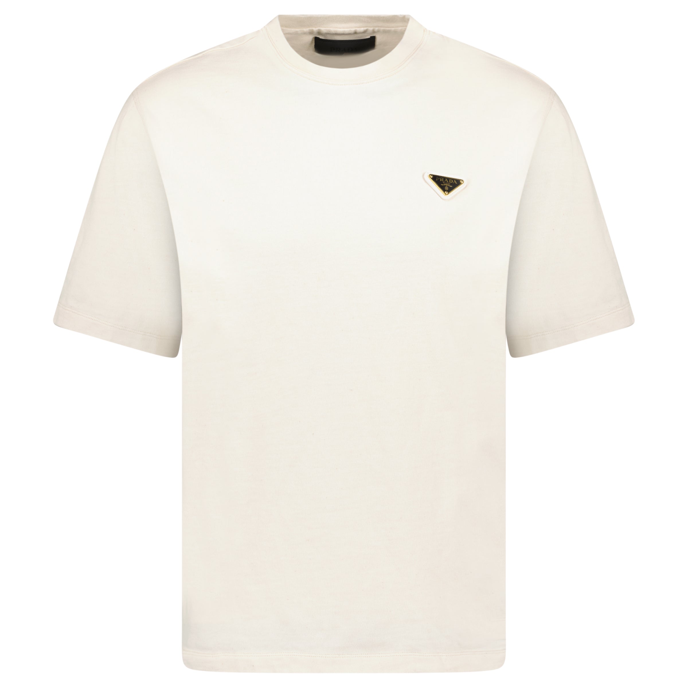 PRADA BEIGE TRIANGLE PLAQUE T SHIRT - SMALL (Fits M) - Affluent ArchivesUsed HIGH END DESIGNER CLOTHING