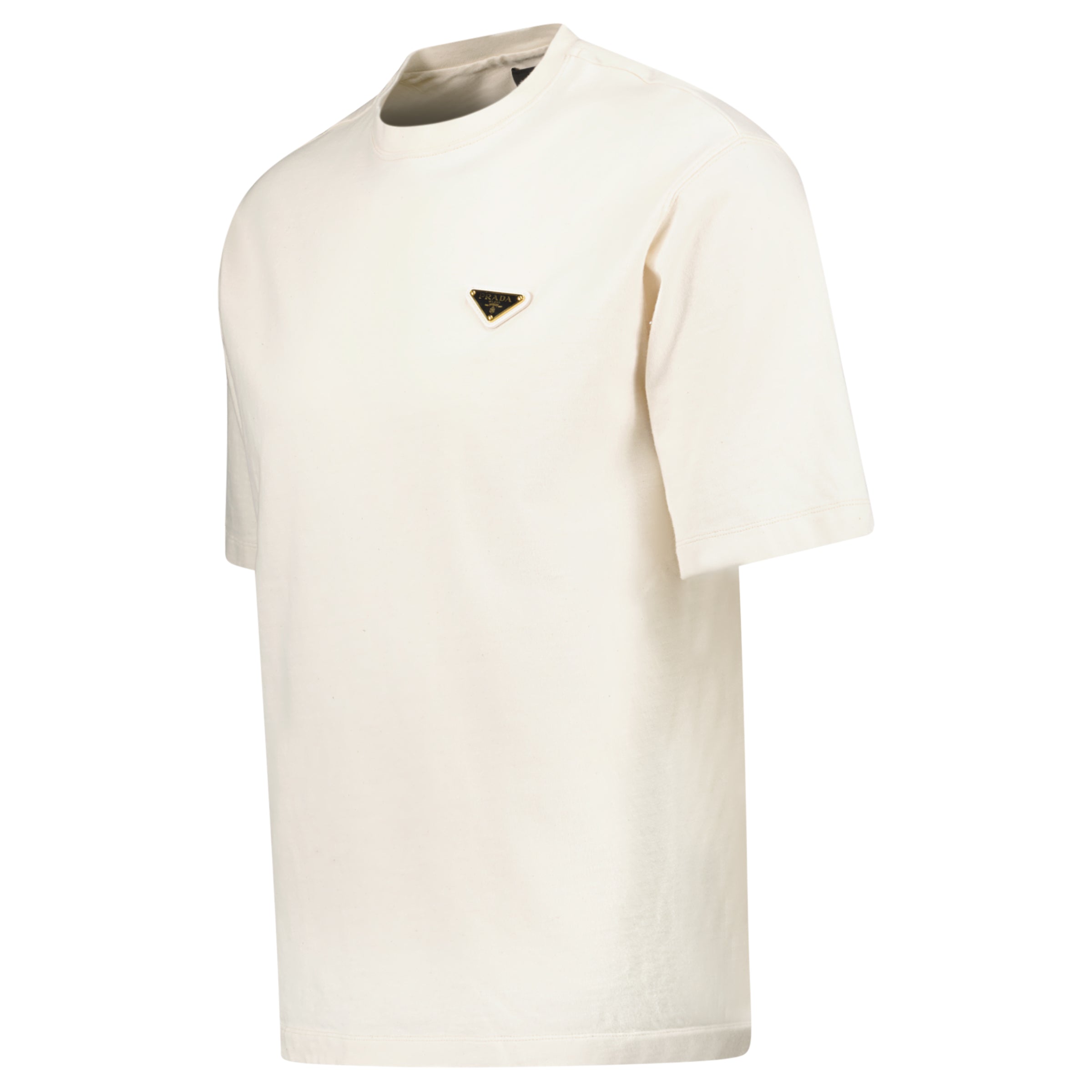 PRADA BEIGE TRIANGLE PLAQUE T SHIRT - SMALL (Fits M) - Affluent ArchivesUsed HIGH END DESIGNER CLOTHING
