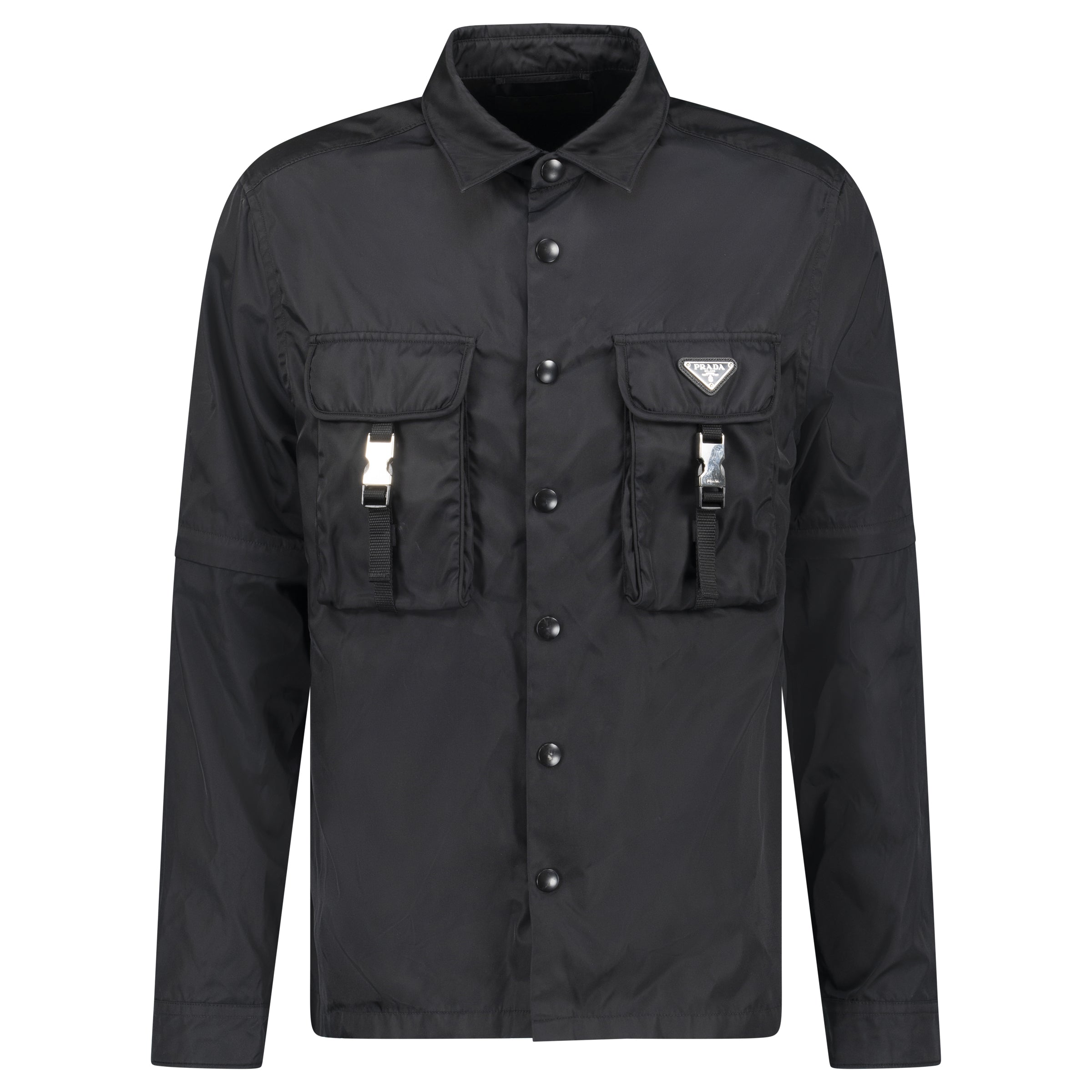 PRADA BLACK RE NYLON TRIANGLE PLAQUE JACKET - MEDIUM (Fits M/L) - Affluent ArchivesUsed HIGH END DESIGNER CLOTHING