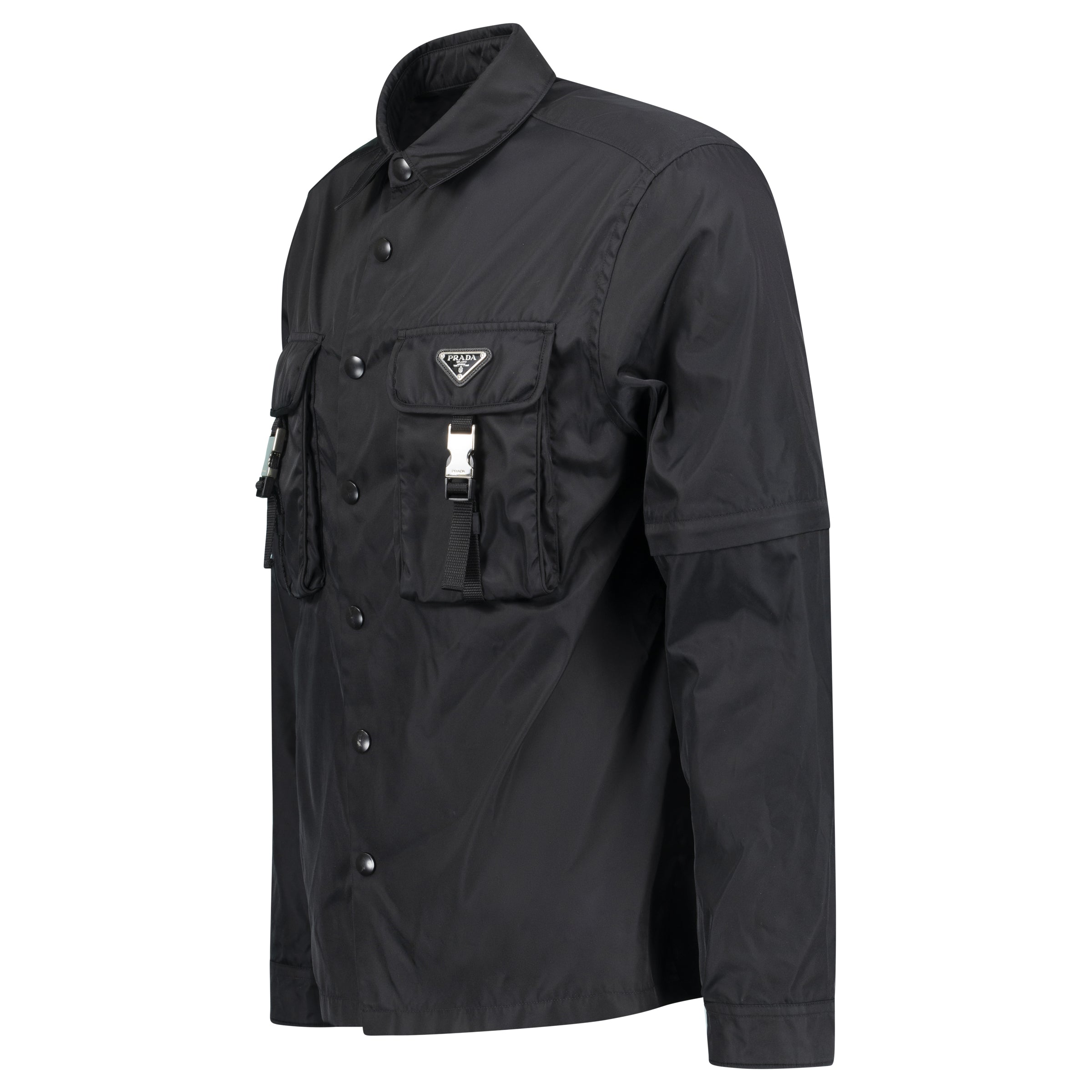PRADA BLACK RE NYLON TRIANGLE PLAQUE JACKET - MEDIUM (Fits M/L) - Affluent ArchivesUsed HIGH END DESIGNER CLOTHING