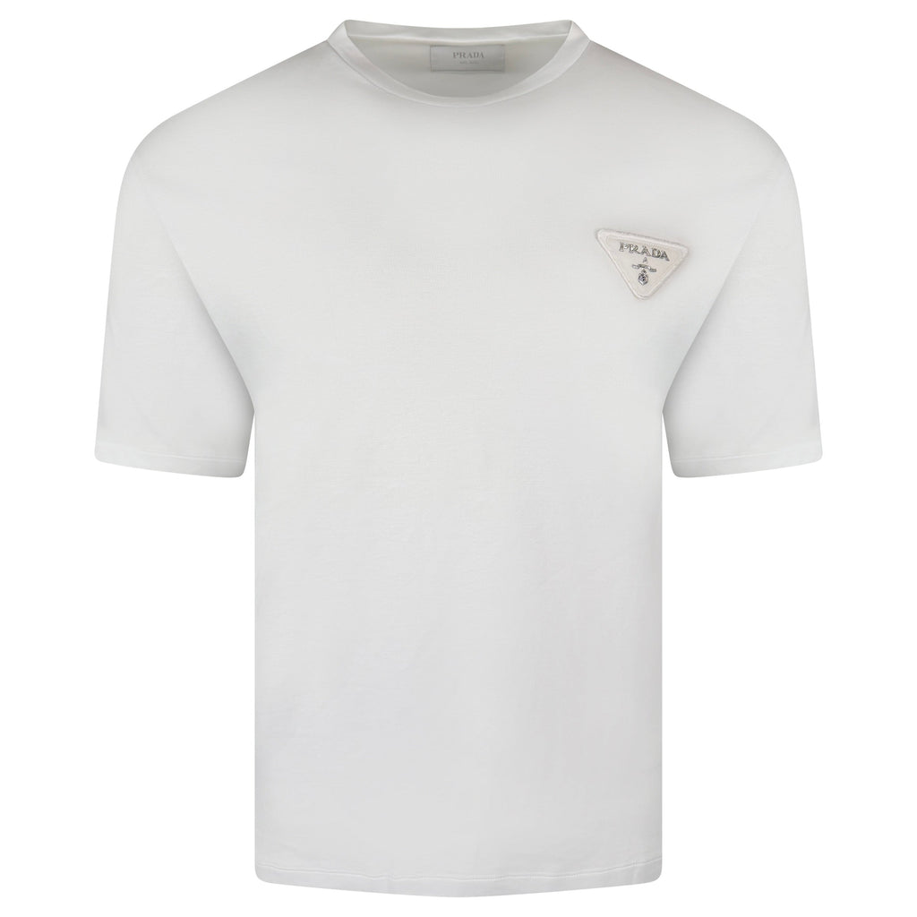PRADA FUR TRIANGLE BADGE T SHIRT WHITE - LARGE (Fits Medium) - Affluent ArchivesUsed HIGH END DESIGNER CLOTHING