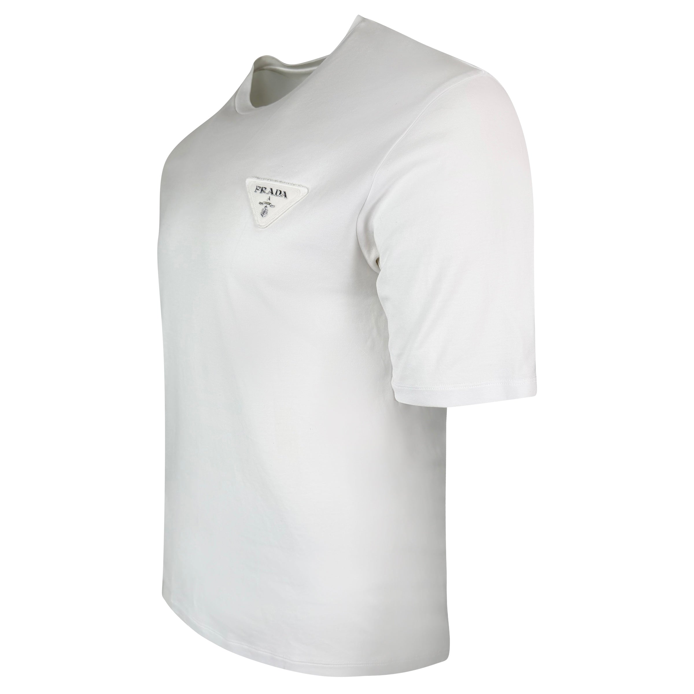 PRADA FUR TRIANGLE BADGE T SHIRT WHITE - LARGE (Fits Medium) - Affluent ArchivesUsed HIGH END DESIGNER CLOTHING