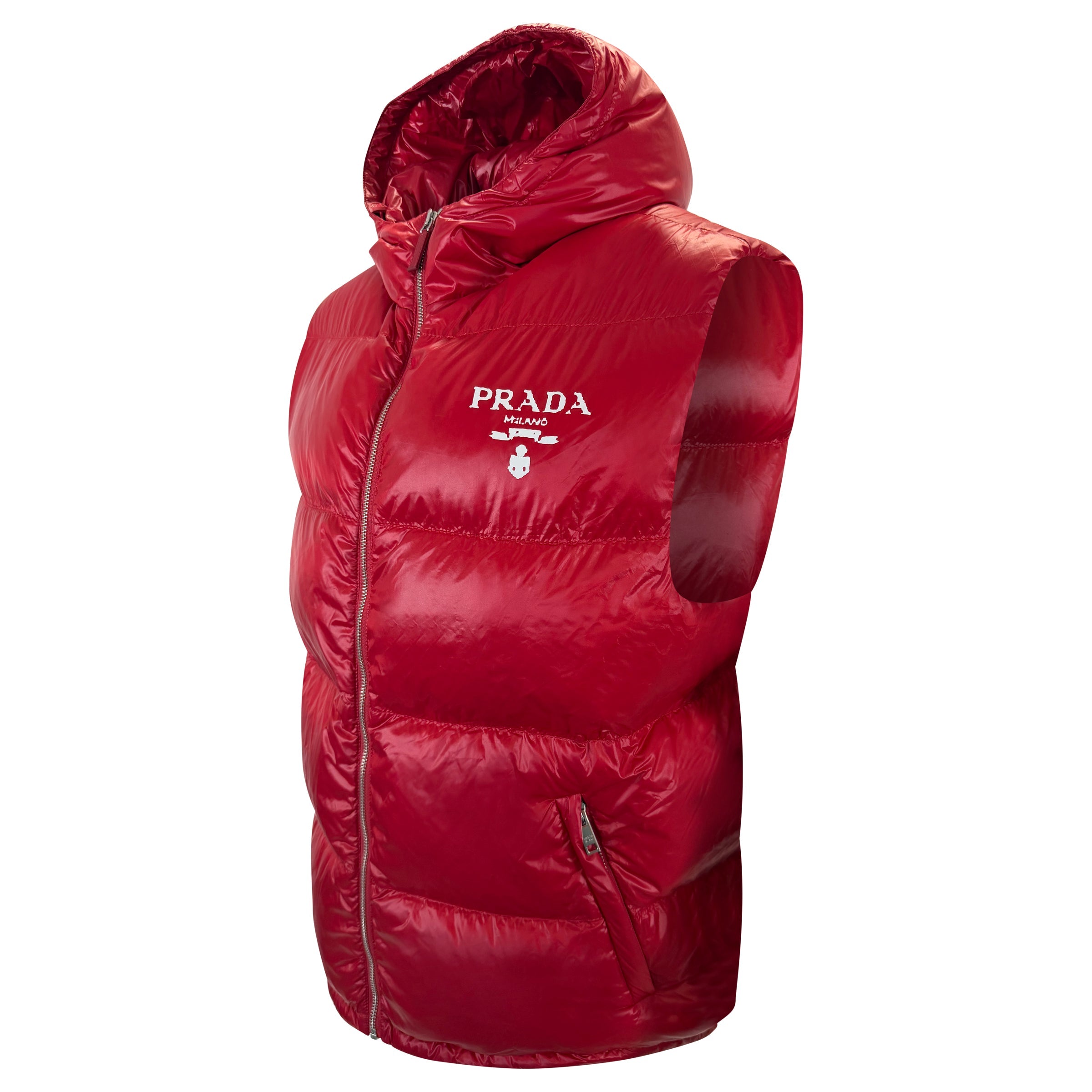 PRADA HOODED DOWN GILET RED - XL | PRE OWNED - Affluent ArchivesUsed HIGH END DESIGNER CLOTHING