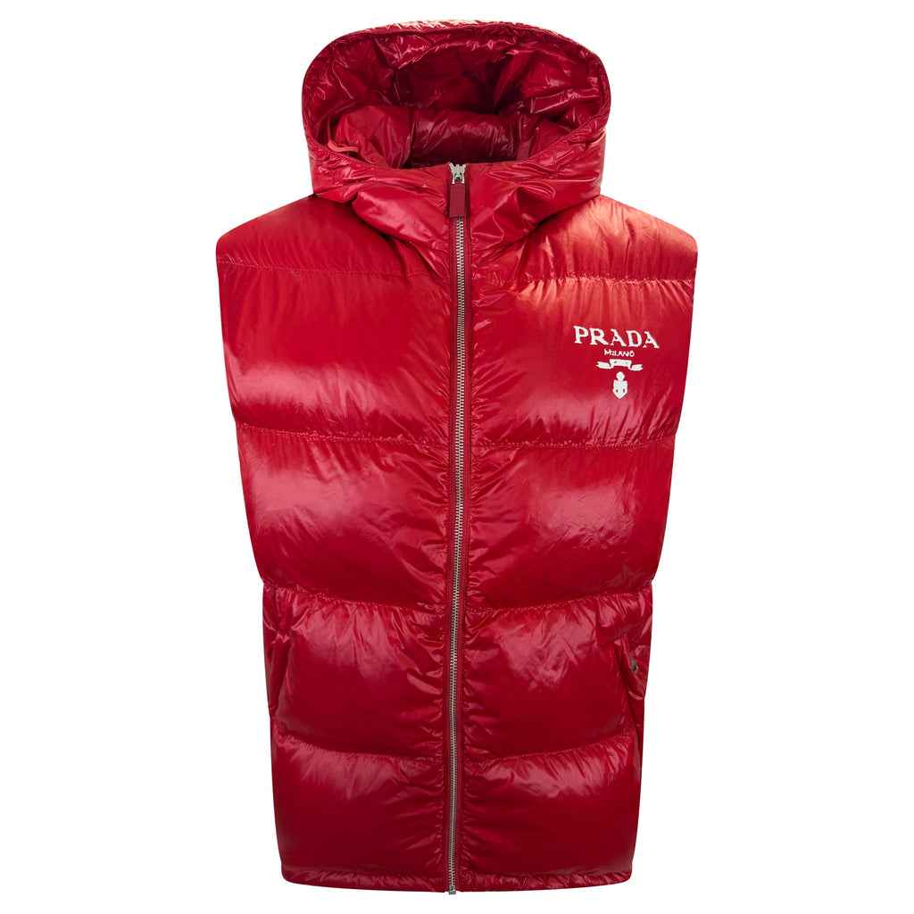 PRADA HOODED DOWN GILET RED - XL | PRE OWNED - Affluent ArchivesUsed HIGH END DESIGNER CLOTHING