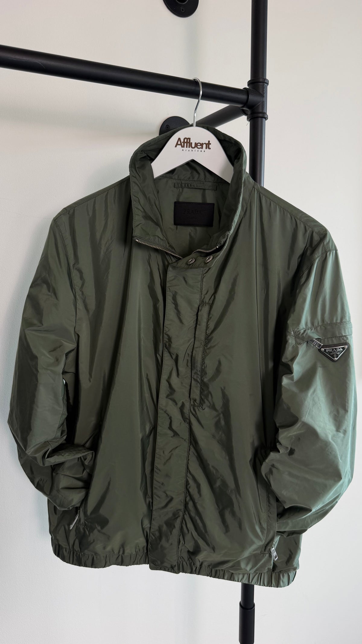 PRADA KHAKI RE NYLON JACKET - LARGE (50)| PRE OWNED - Affluent ArchivesUsed HIGH END DESIGNER CLOTHING