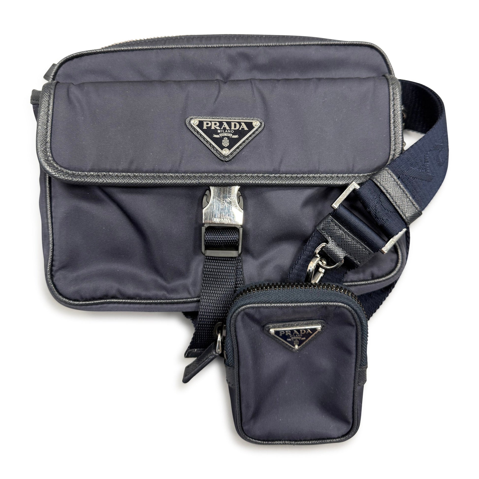PRADA MESSENGER TRIANGLE BAG NAVY - Affluent ArchivesUsed HIGH END DESIGNER CLOTHING