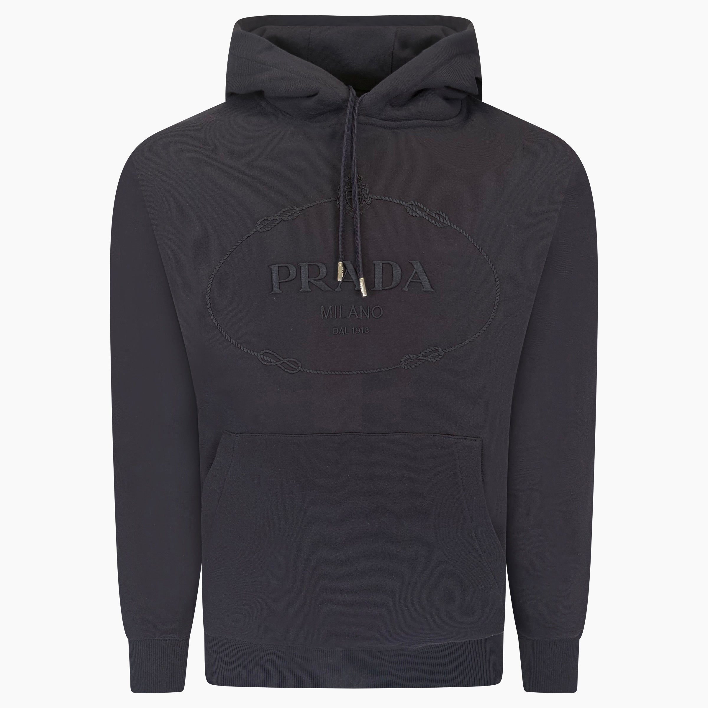 PRADA NAVY EMBOSSED HOODIE - MEDIUM (Fits Large) | PRE OWNED WITH TAGS - Affluent ArchivesUsed HIGH END DESIGNER CLOTHING