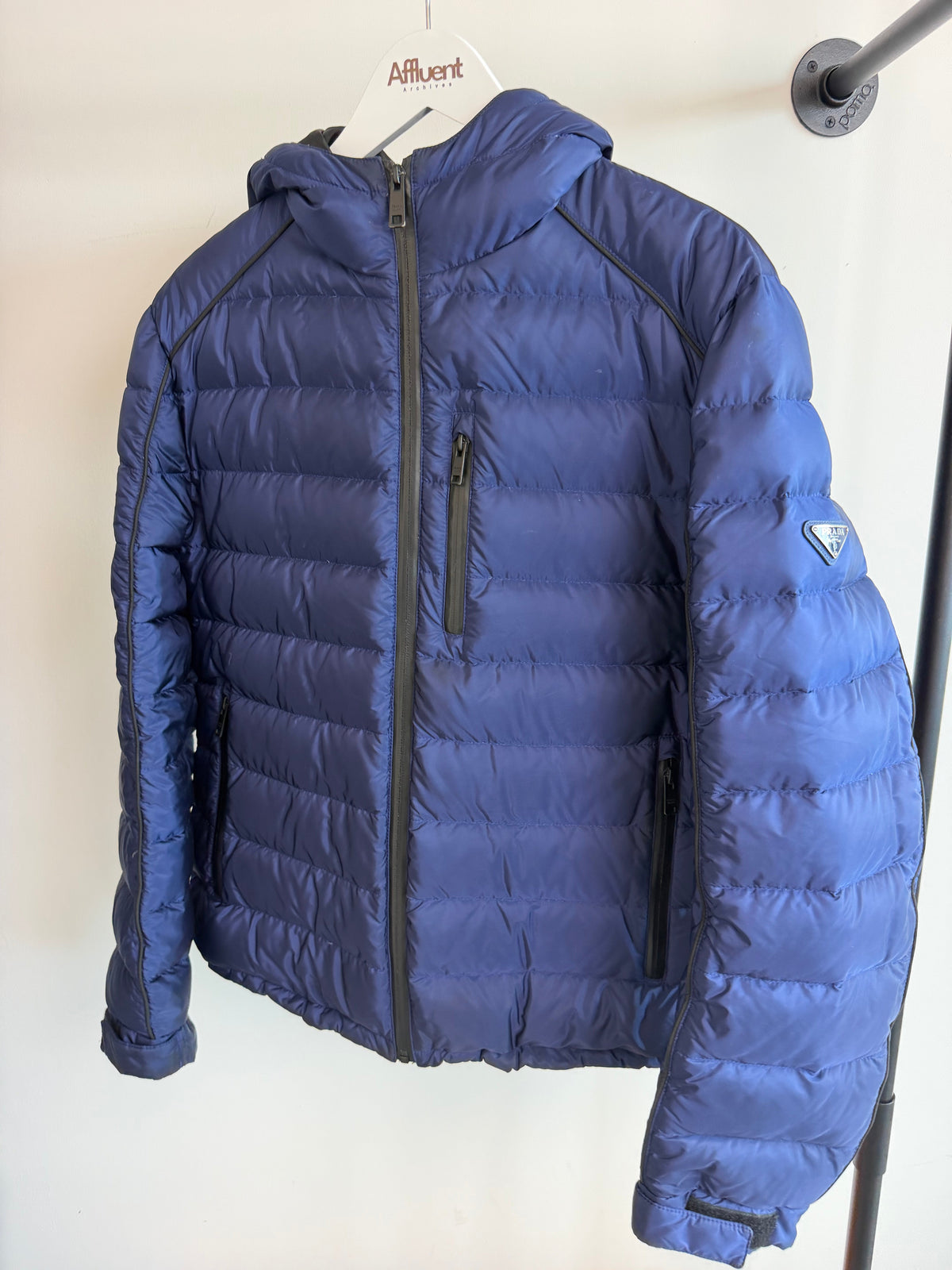 PRADA NAVY QUILTED BADGE JACKET - Large (Fits M) | PRE OWNED - Affluent ArchivesUsed HIGH END DESIGNER CLOTHING