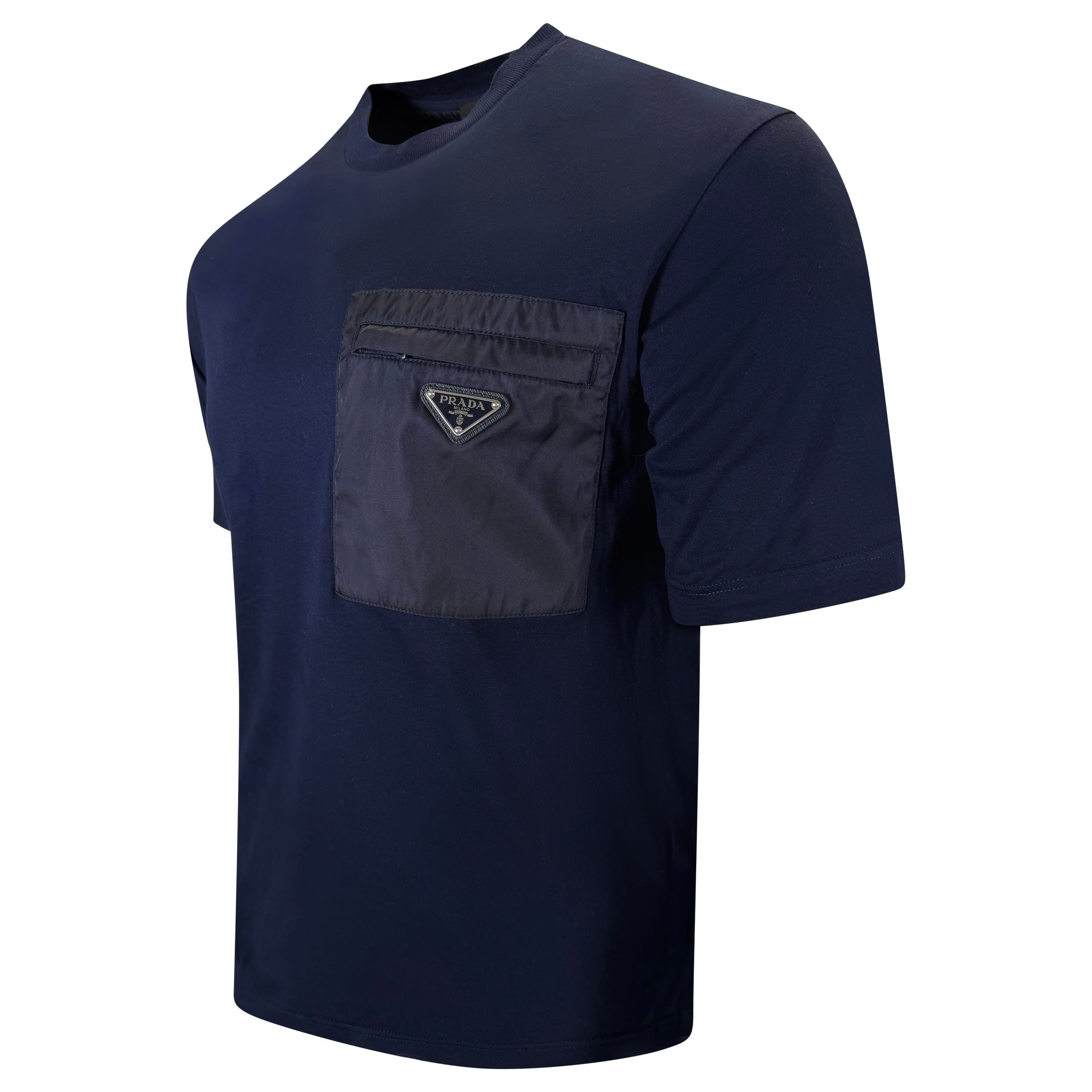 PRADA NAVY TRIANGLE BADGE POCKET T SHIRT - MEDIUM - Affluent ArchivesUsed HIGH END DESIGNER CLOTHING