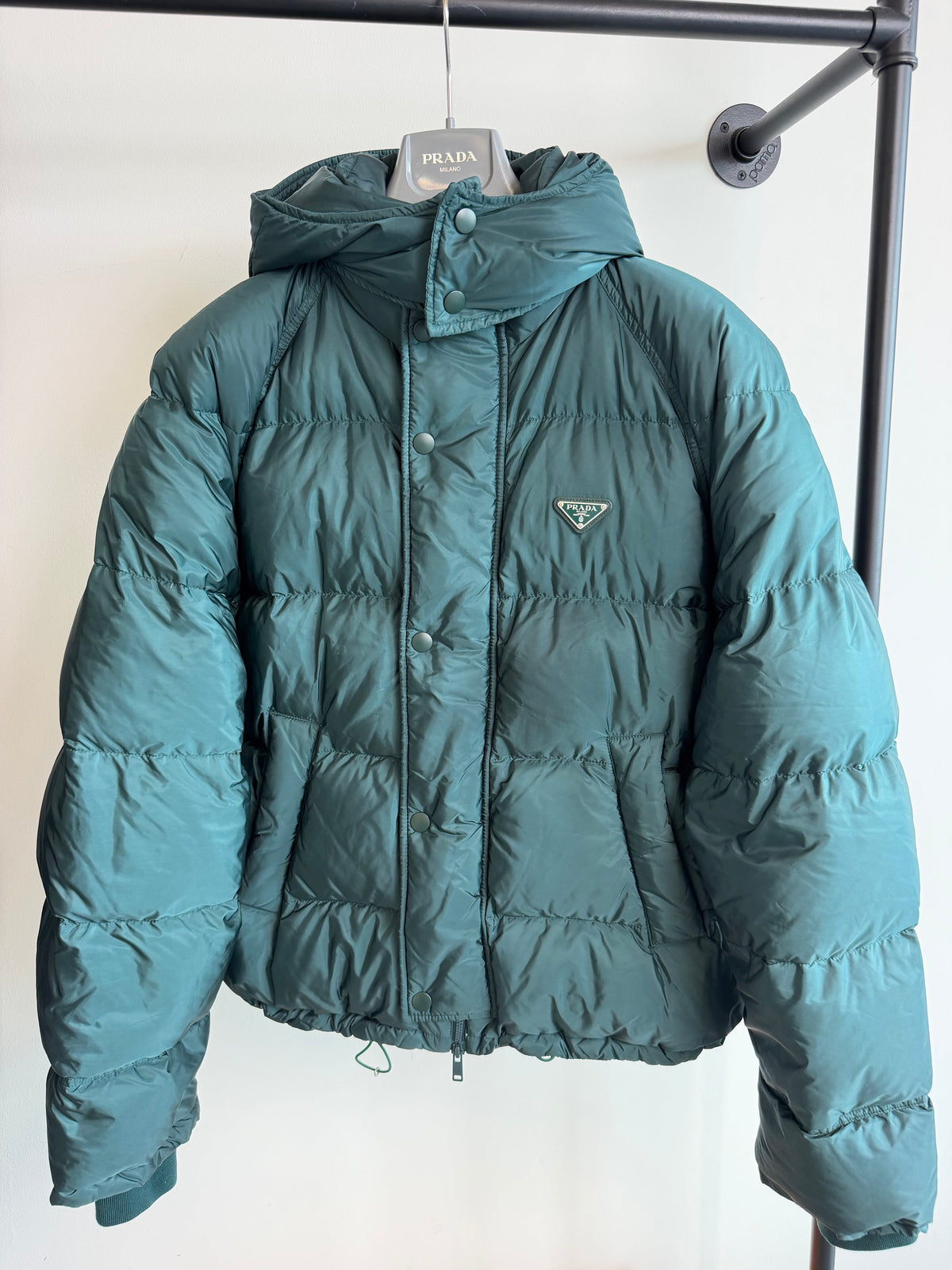 PRADA RE NYLON GREEN DOWN COAT - LARGE - Affluent ArchivesUsed HIGH END DESIGNER CLOTHING