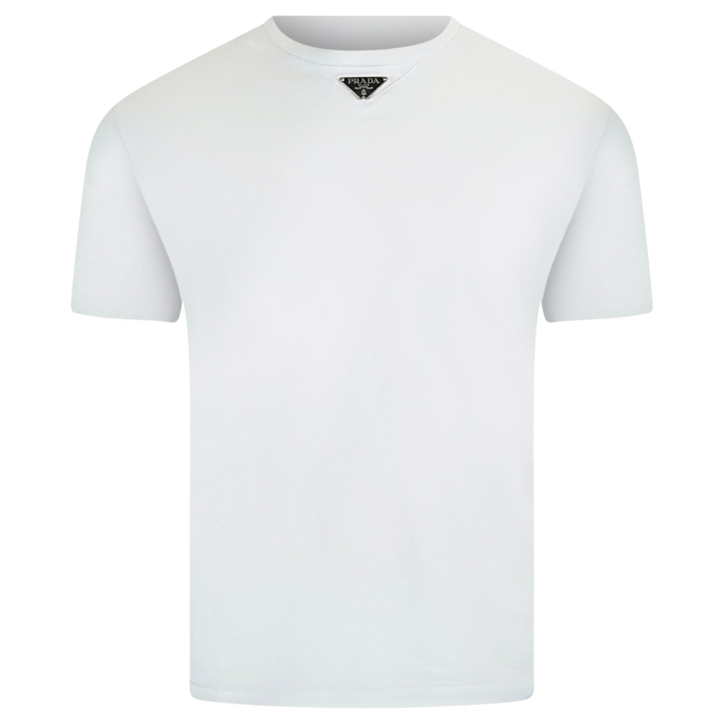 PRADA TRIANGLE BADGE T SHIRT WHITE - SMALL | PRE OWNED - Affluent ArchivesUsed HIGH END DESIGNER CLOTHING