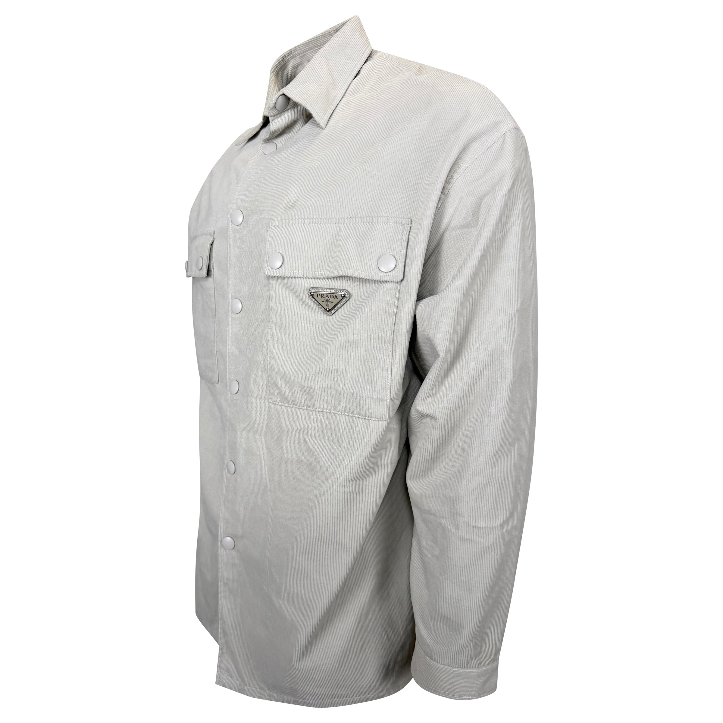 PRADA TRIANGLE LOGO PINWALE CORDUROY SHIRT - MEDIUM (Fits XXL) - Affluent ArchivesUsed HIGH END DESIGNER CLOTHING