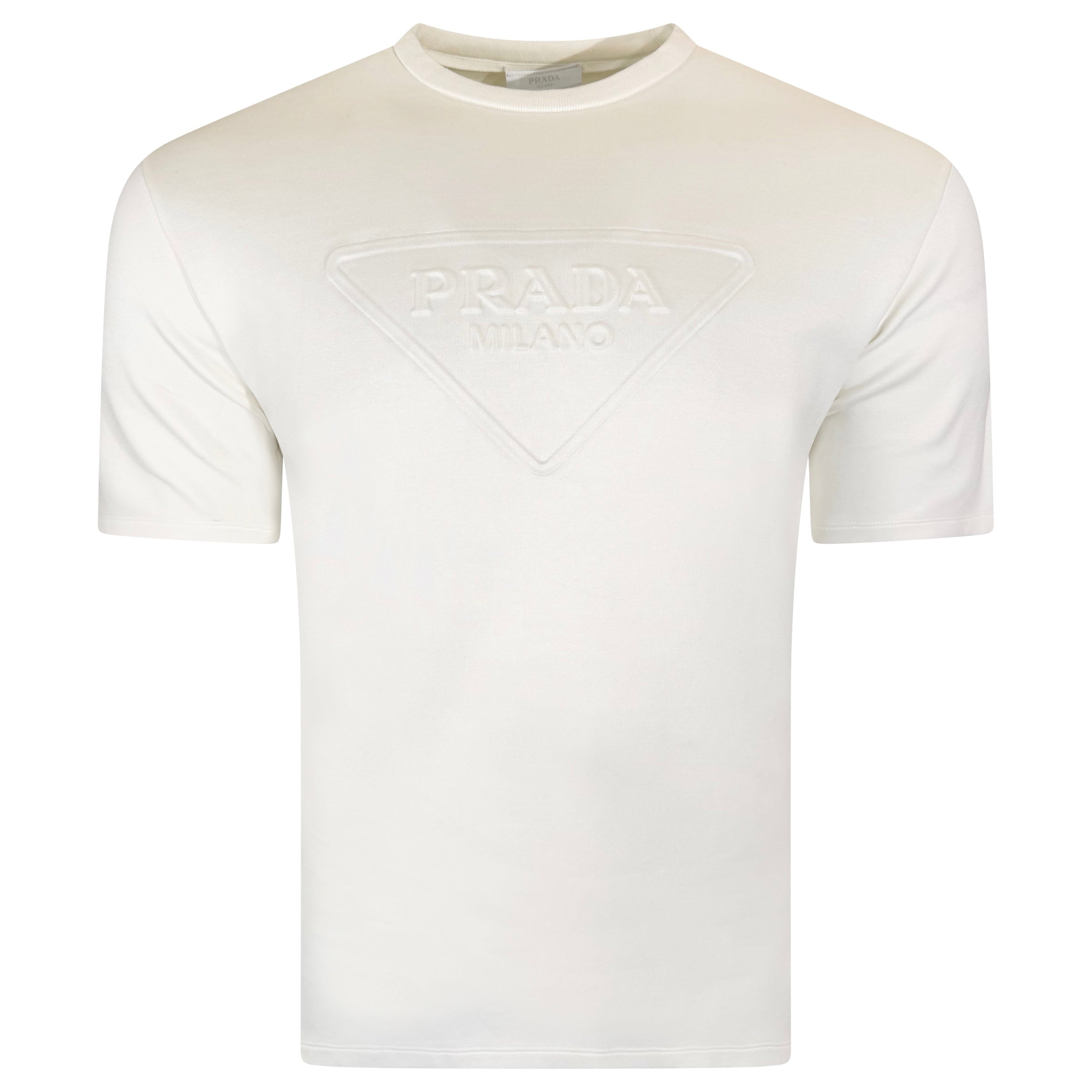 PRADA WHITE LOGO T SHIRT - MEDIUM (Fits Large) | PRE OWNED - Affluent ArchivesUsed HIGH END DESIGNER CLOTHING