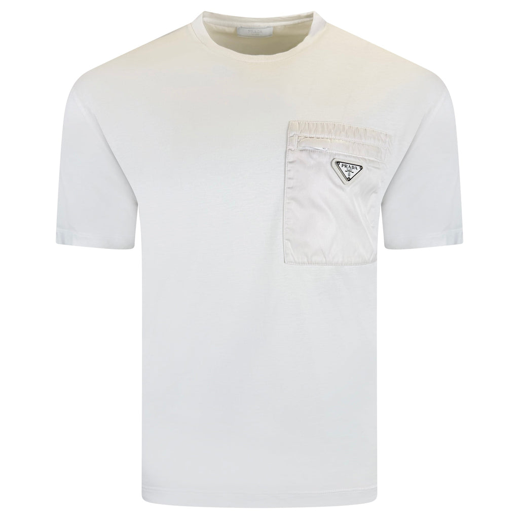 PRADA WHITE TRIANGLE BADGE POCKET T SHIRT - LARGE (Fits M) - Affluent ArchivesUsed HIGH END DESIGNER CLOTHING