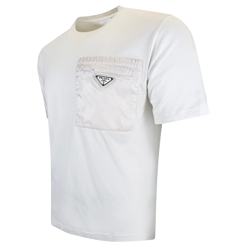 PRADA WHITE TRIANGLE BADGE POCKET T SHIRT - LARGE (Fits M) - Affluent ArchivesUsed HIGH END DESIGNER CLOTHING