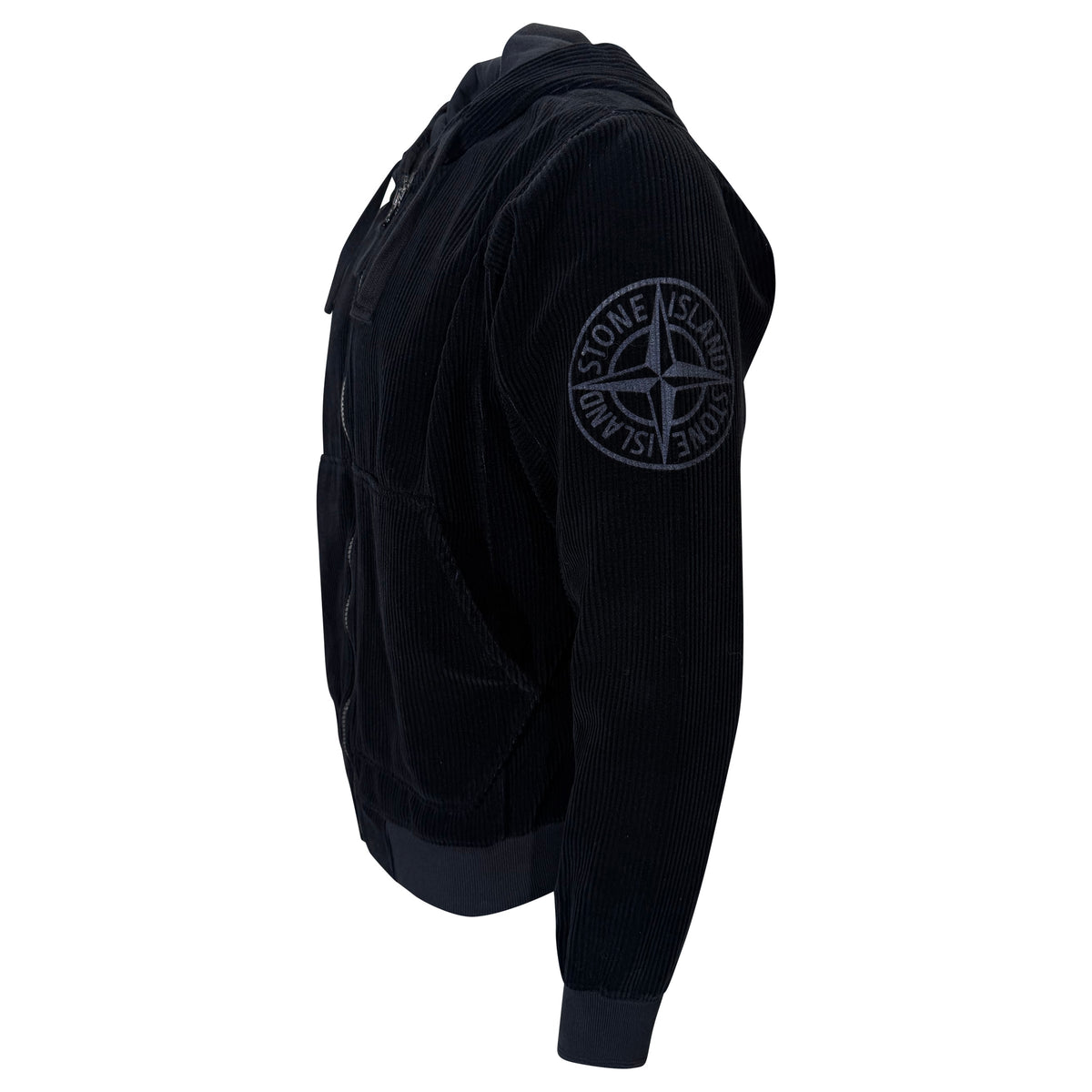 STONE ISLAND BLACK CORDUROY HOODIE - LARGE | PRE OWNED - Affluent ArchivesUsed HIGH END DESIGNER CLOTHING