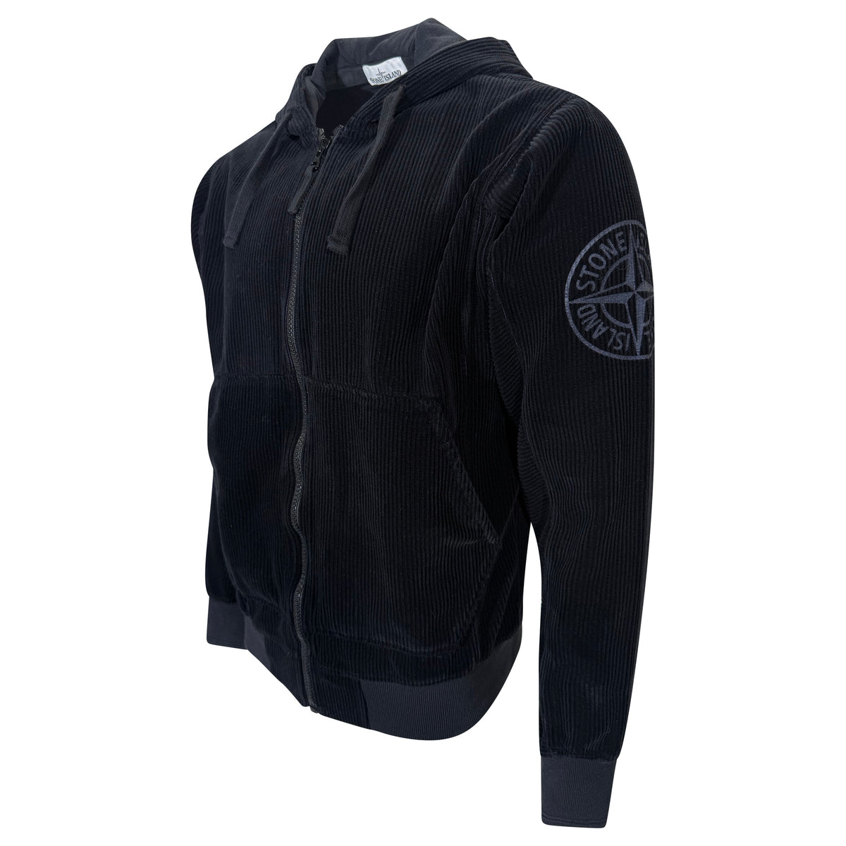 STONE ISLAND BLACK CORDUROY HOODIE - LARGE | PRE OWNED - Affluent ArchivesUsed HIGH END DESIGNER CLOTHING