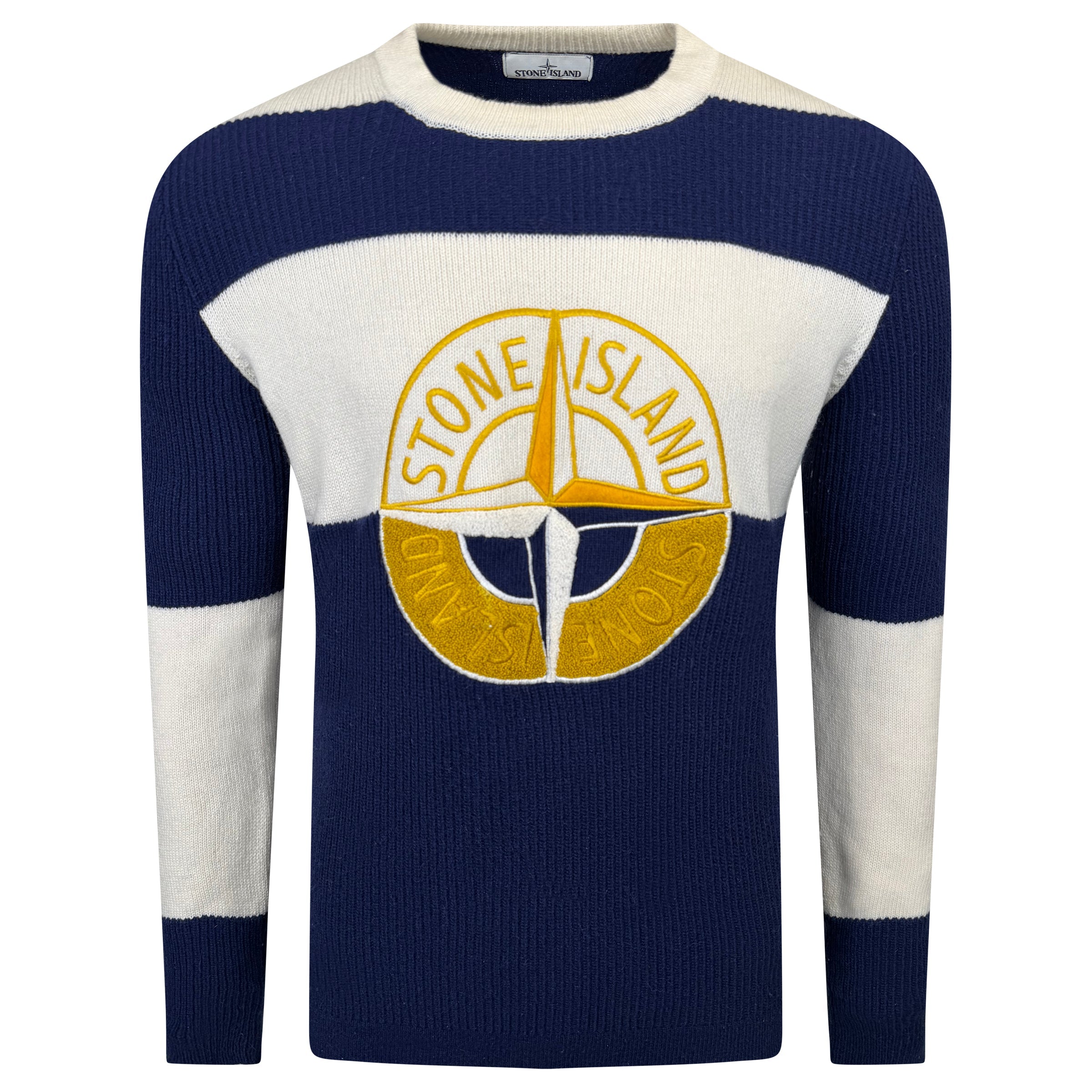 STONE ISLAND KNITTED NAVY / BEIGE SWEATSHIRT - LARGE - Affluent ArchivesUsed HIGH END DESIGNER CLOTHING